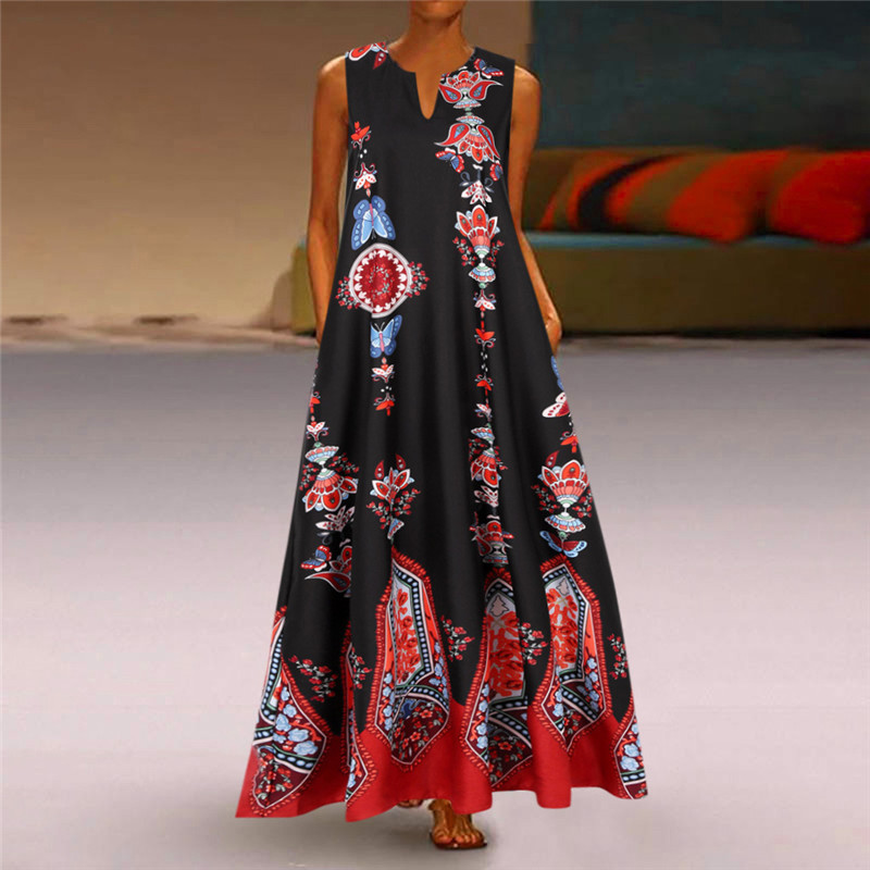 New Hot style Elegant Lady Vintage Print Dress V-neck Sleeveless Pocket Summer Fashion Women Dress