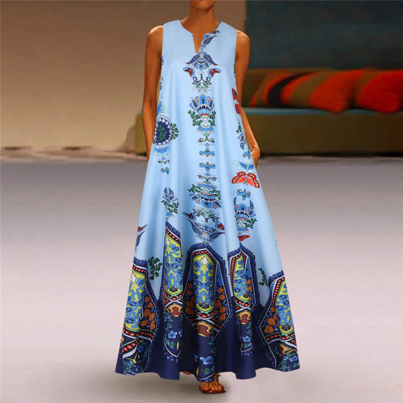 New Hot style Elegant Lady Vintage Print Dress V-neck Sleeveless Pocket Summer Fashion Women Dress