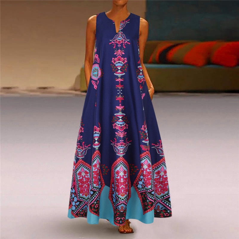 New Hot style Elegant Lady Vintage Print Dress V-neck Sleeveless Pocket Summer Fashion Women Dress