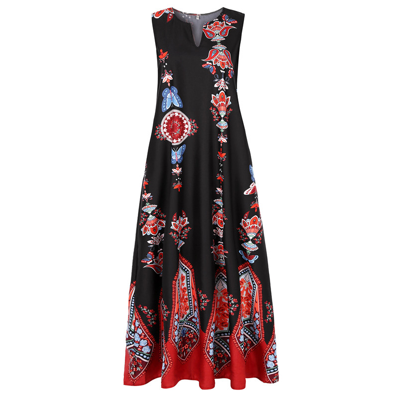 New Hot style Elegant Lady Vintage Print Dress V-neck Sleeveless Pocket Summer Fashion Women Dress