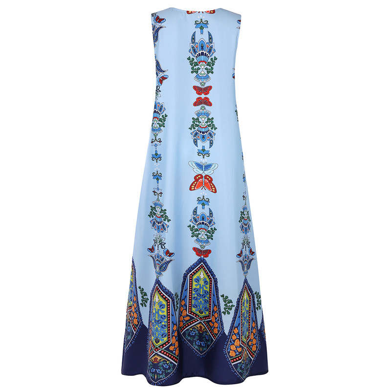 New Hot style Elegant Lady Vintage Print Dress V-neck Sleeveless Pocket Summer Fashion Women Dress