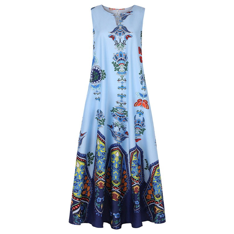 New Hot style Elegant Lady Vintage Print Dress V-neck Sleeveless Pocket Summer Fashion Women Dress