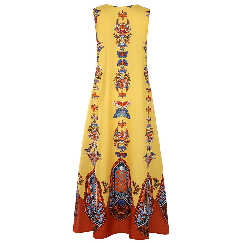 New Hot style Elegant Lady Vintage Print Dress V-neck Sleeveless Pocket Summer Fashion Women Dress