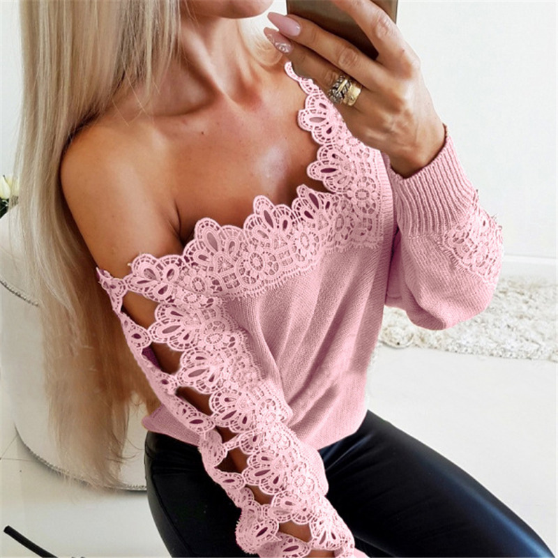 Hot Sell New Lace Hollow Sexy A-line Collar Sweater Fashion Elegant Long Sleeve Ladies Tops blouse