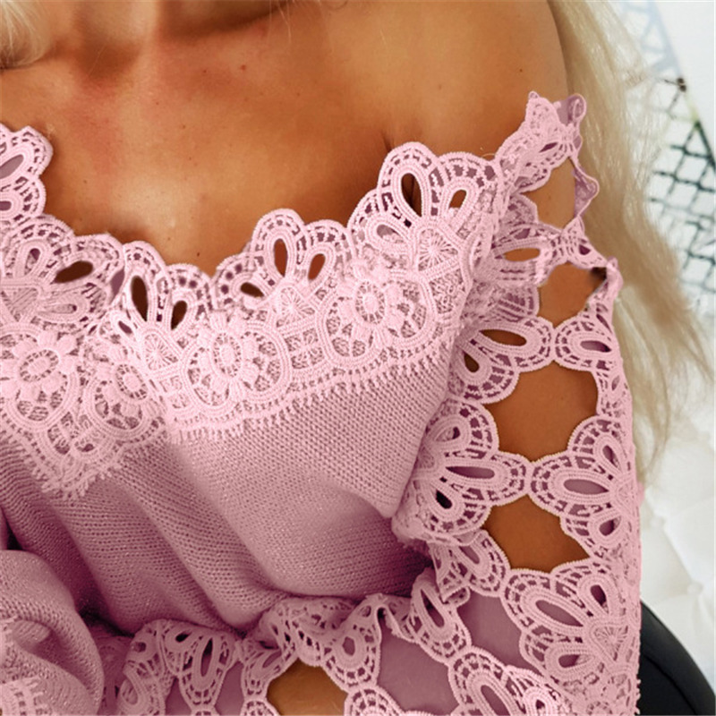 Hot Sell New Lace Hollow Sexy A-line Collar Sweater Fashion Elegant Long Sleeve Ladies Tops blouse