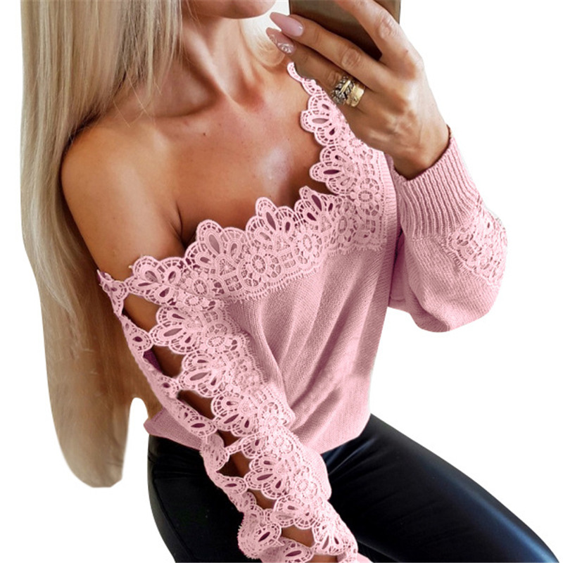 Hot Sell New Lace Hollow Sexy A-line Collar Sweater Fashion Elegant Long Sleeve Ladies Tops blouse