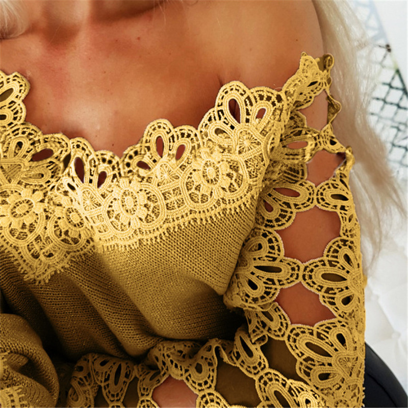 Hot Sell New Lace Hollow Sexy A-line Collar Sweater Fashion Elegant Long Sleeve Ladies Tops blouse