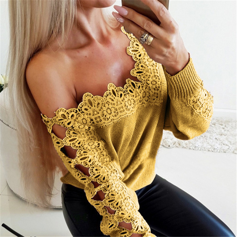 Hot Sell New Lace Hollow Sexy A-line Collar Sweater Fashion Elegant Long Sleeve Ladies Tops blouse