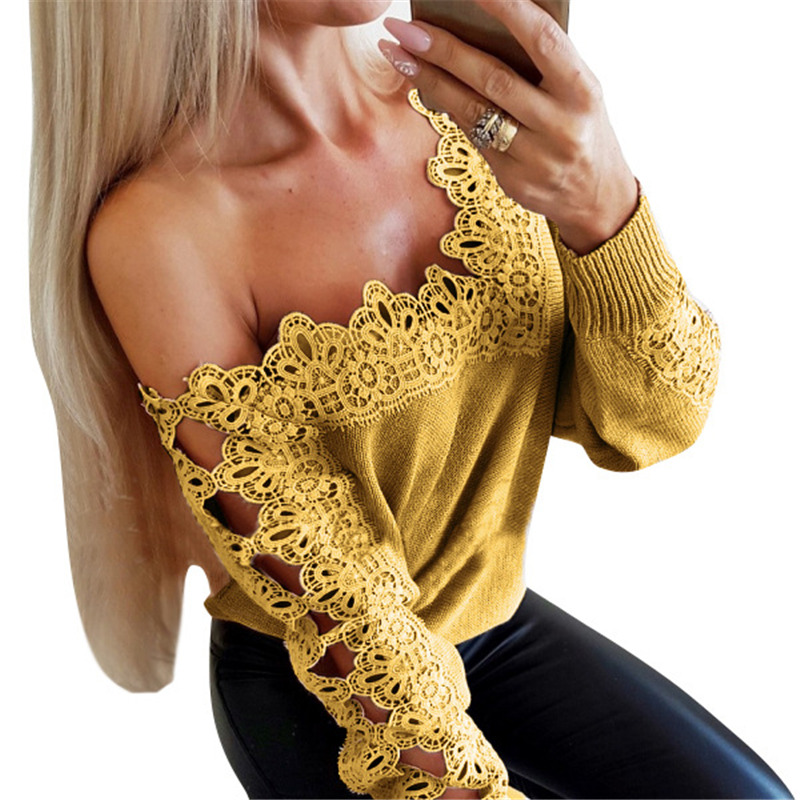 Hot Sell New Lace Hollow Sexy A-line Collar Sweater Fashion Elegant Long Sleeve Ladies Tops blouse