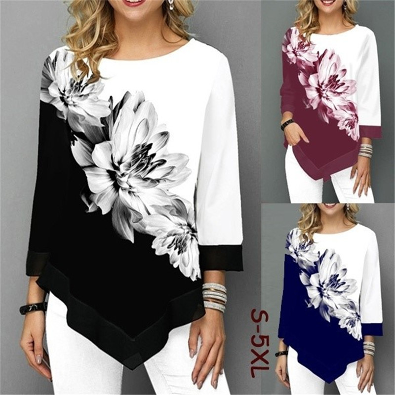 Women‘s Fashion Autumn O-Neck Flower Printed T-Shirt Long Sleeve Casual Shirt Loose Ladies Tops