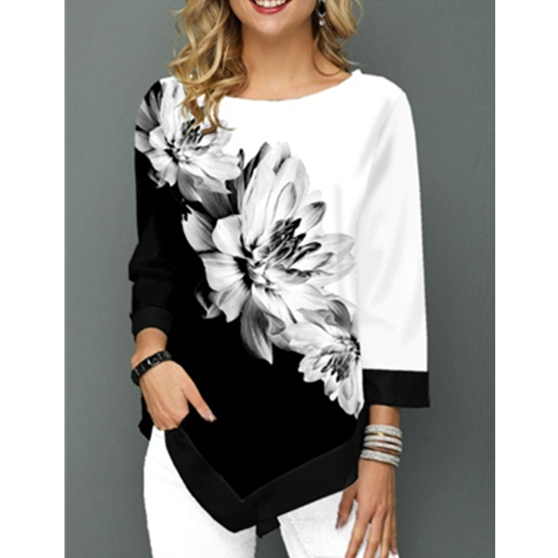 Women‘s Fashion Autumn O-Neck Flower Printed T-Shirt Long Sleeve Casual Shirt Loose Ladies Tops