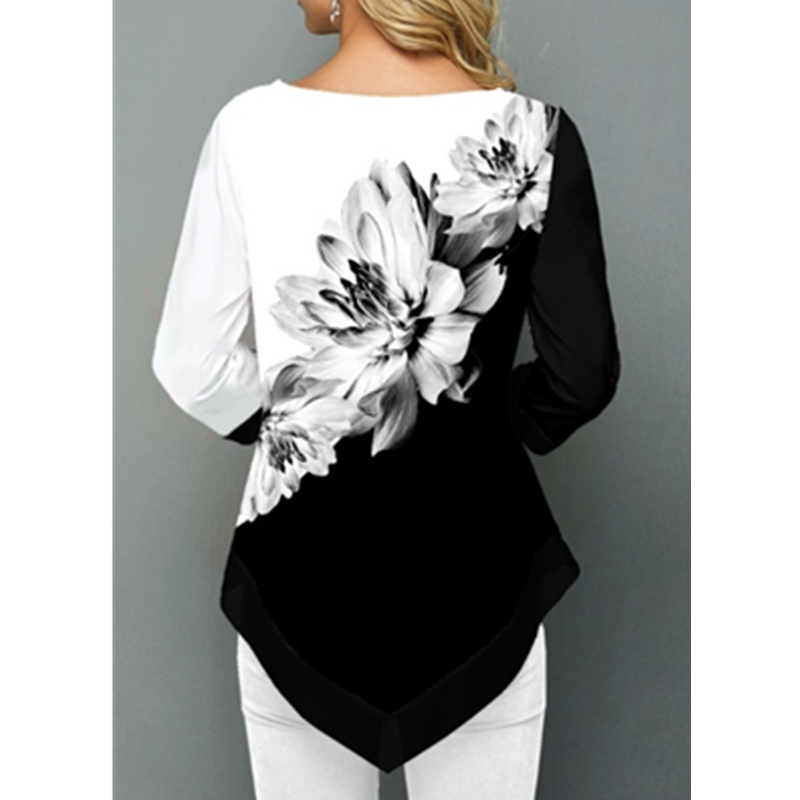 Women‘s Fashion Autumn O-Neck Flower Printed T-Shirt Long Sleeve Casual Shirt Loose Ladies Tops