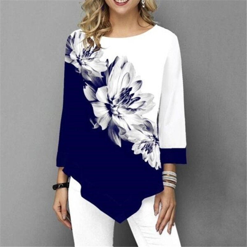 Women‘s Fashion Autumn O-Neck Flower Printed T-Shirt Long Sleeve Casual Shirt Loose Ladies Tops