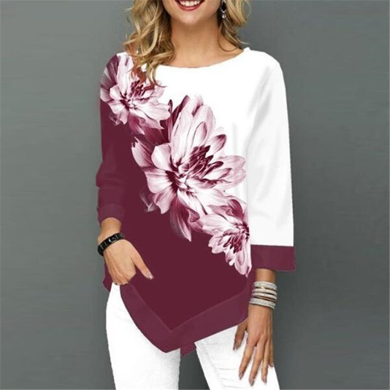 Women‘s Fashion Autumn O-Neck Flower Printed T-Shirt Long Sleeve Casual Shirt Loose Ladies Tops