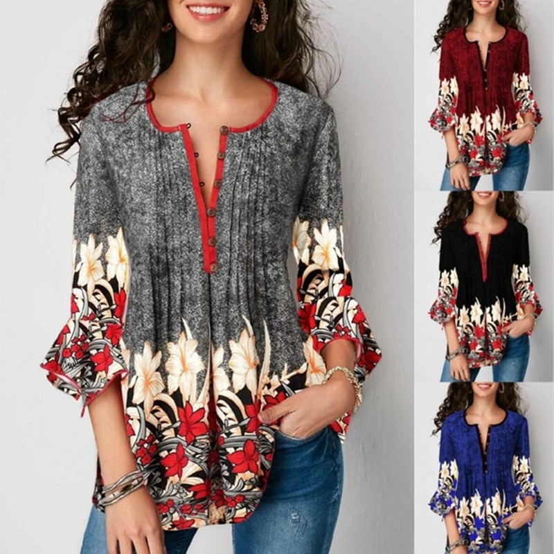 Black Friday Hot Sell Women Blouses Floral Print V Neck T-shirts Loose Long Sleeve Blouses