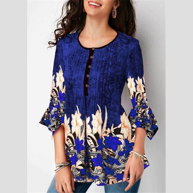 Black Friday Hot Sell Women Blouses Floral Print V Neck T-shirts Loose Long Sleeve Blouses