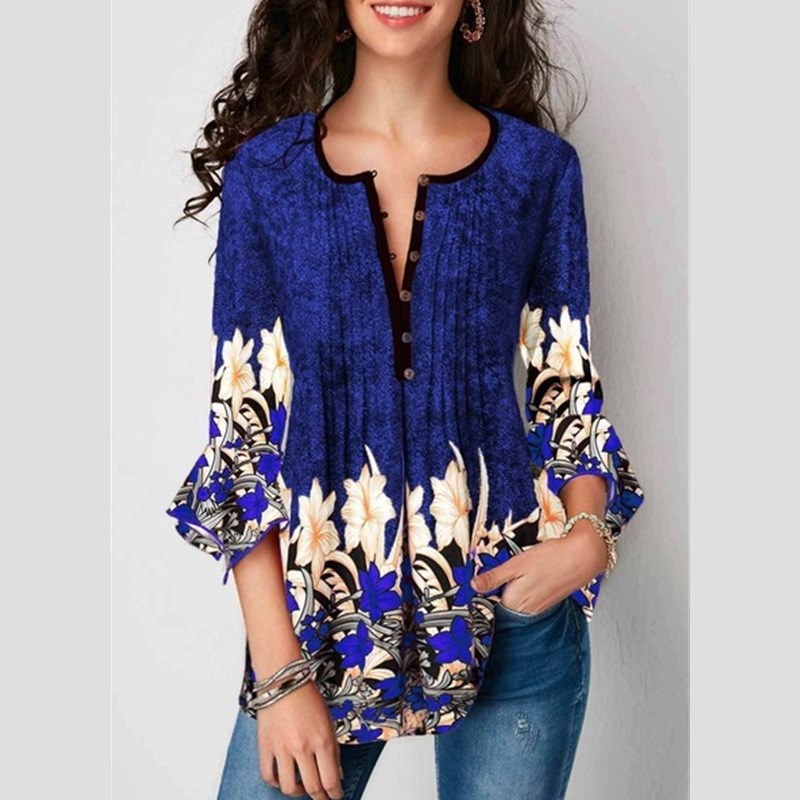 Black Friday Hot Sell Women Blouses Floral Print V Neck T-shirts Loose Long Sleeve Blouses