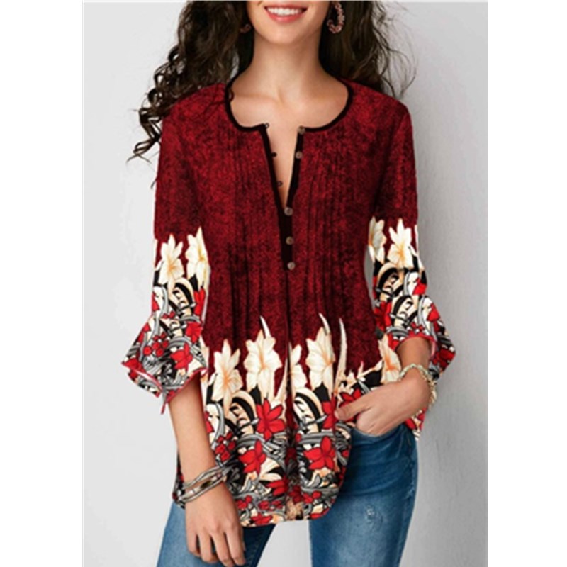 Black Friday Hot Sell Women Blouses Floral Print V Neck T-shirts Loose Long Sleeve Blouses