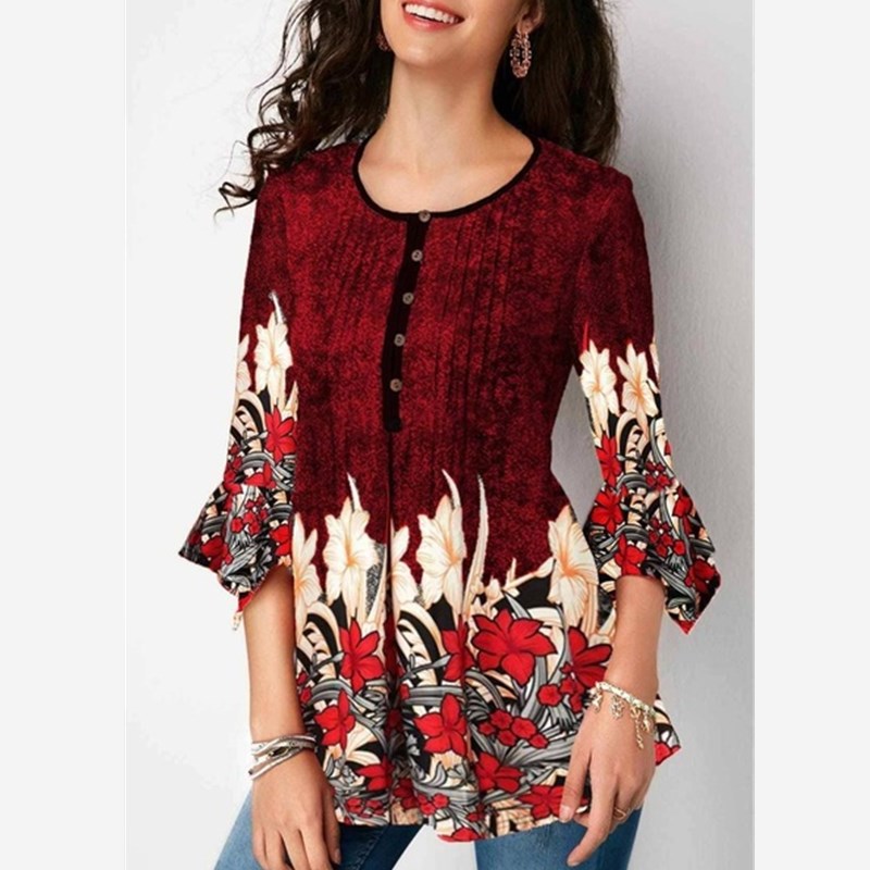Black Friday Hot Sell Women Blouses Floral Print V Neck T-shirts Loose Long Sleeve Blouses