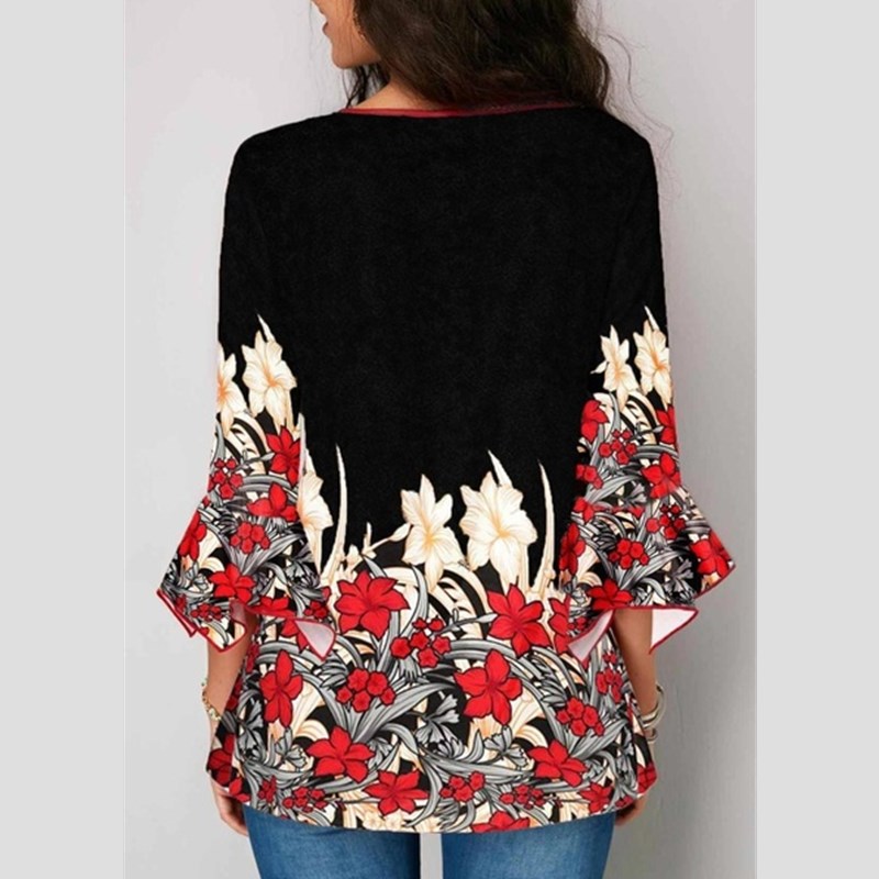 Black Friday Hot Sell Women Blouses Floral Print V Neck T-shirts Loose Long Sleeve Blouses