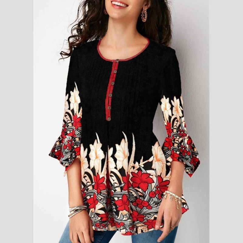 Black Friday Hot Sell Women Blouses Floral Print V Neck T-shirts Loose Long Sleeve Blouses
