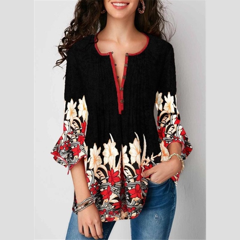 Black Friday Hot Sell Women Blouses Floral Print V Neck T-shirts Loose Long Sleeve Blouses