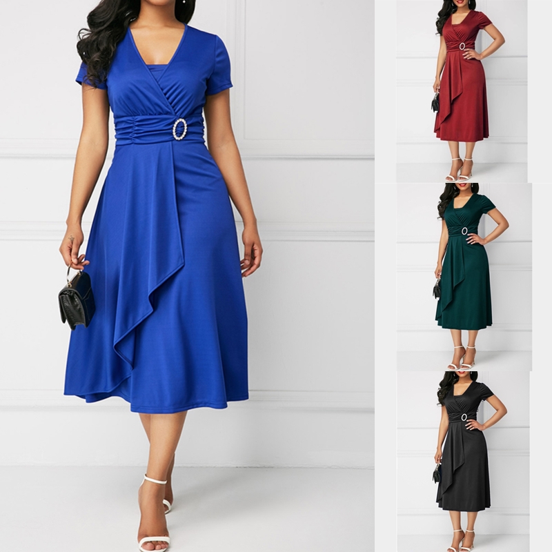 Elegant Women Dress Fashion High Waist Midi Dress Ladies Casual Short Sleeve V-Neck Dress Plus Size