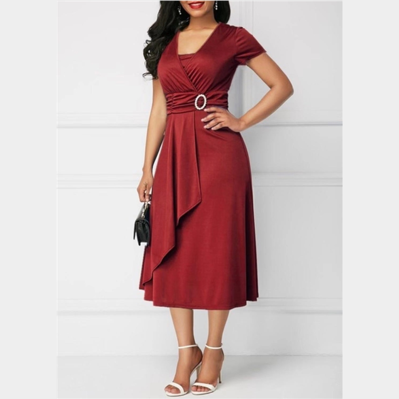 Elegant Women Dress Fashion High Waist Midi Dress Ladies Casual Short Sleeve V-Neck Dress Plus Size