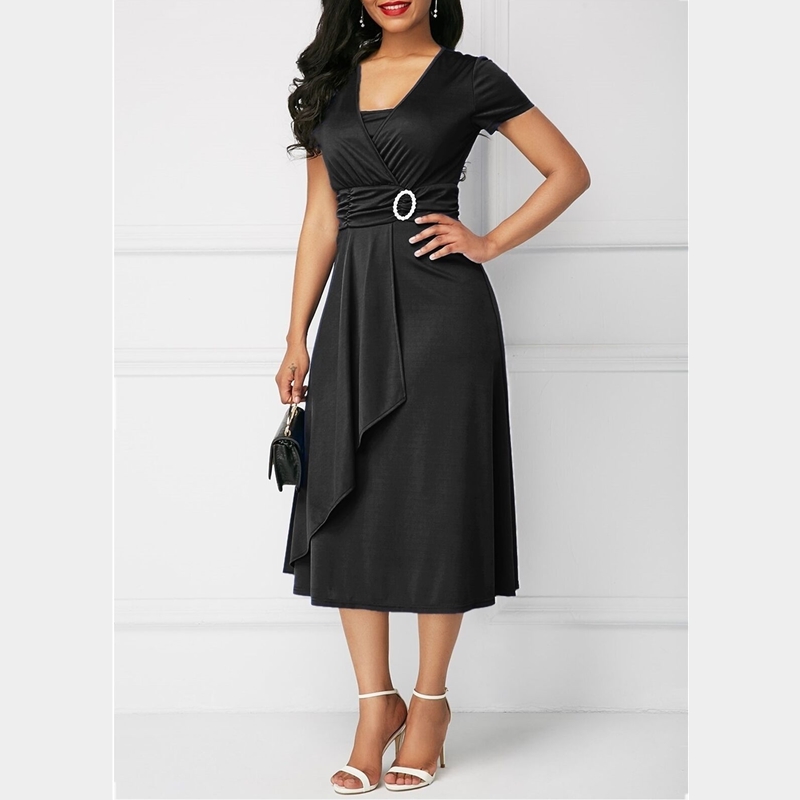 Elegant Women Dress Fashion High Waist Midi Dress Ladies Casual Short Sleeve V-Neck Dress Plus Size