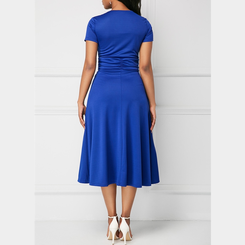 Elegant Women Dress Fashion High Waist Midi Dress Ladies Casual Short Sleeve V-Neck Dress Plus Size