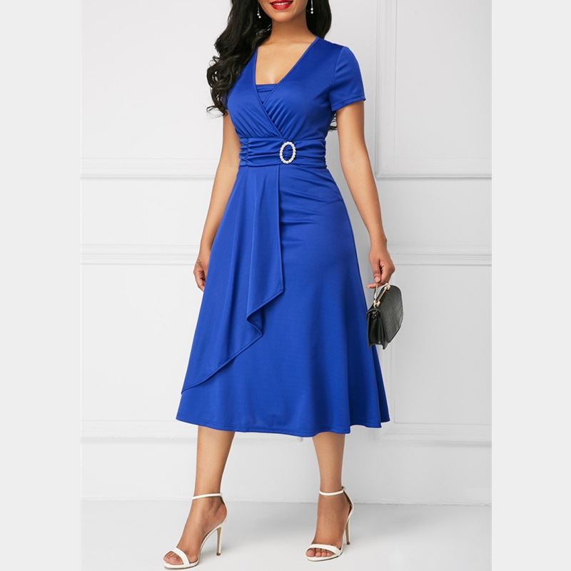 Elegant Women Dress Fashion High Waist Midi Dress Ladies Casual Short Sleeve V-Neck Dress Plus Size