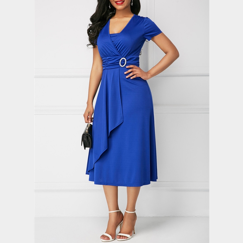Elegant Women Dress Fashion High Waist Midi Dress Ladies Casual Short Sleeve V-Neck Dress Plus Size