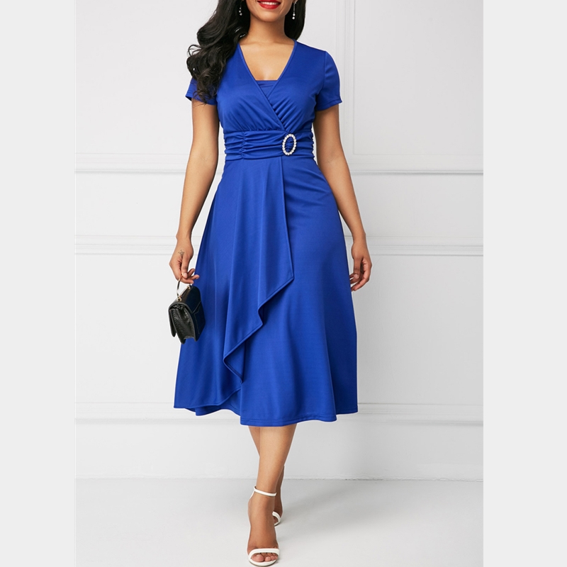 Elegant Women Dress Fashion High Waist Midi Dress Ladies Casual Short Sleeve V-Neck Dress Plus Size