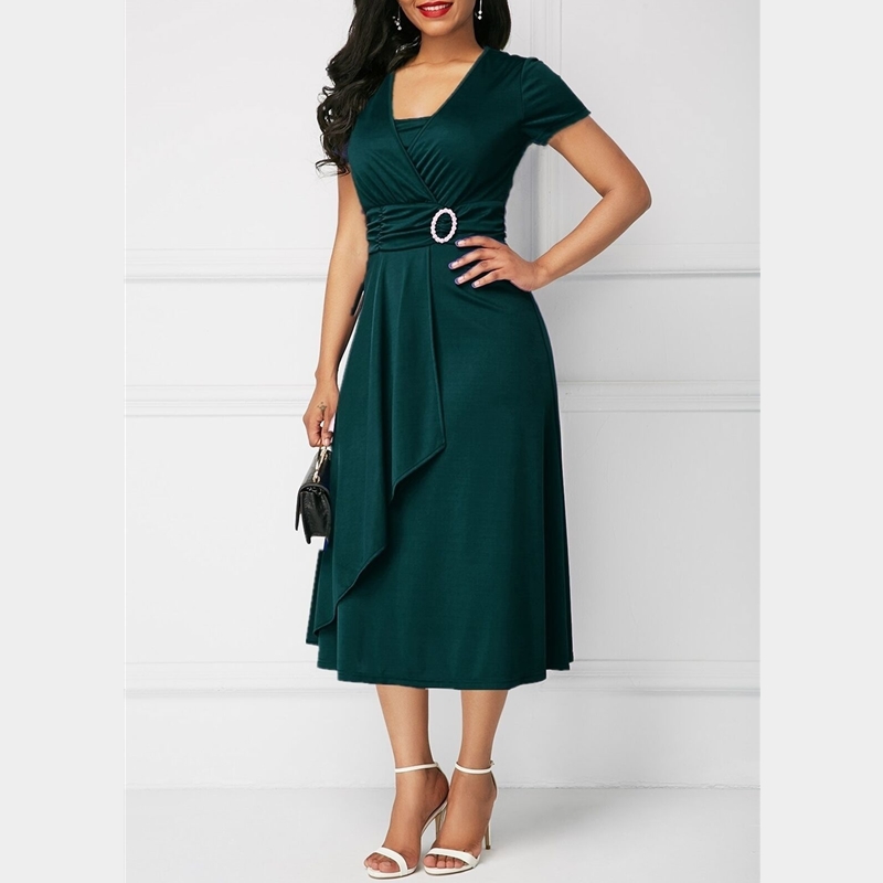 Elegant Women Dress Fashion High Waist Midi Dress Ladies Casual Short Sleeve V-Neck Dress Plus Size