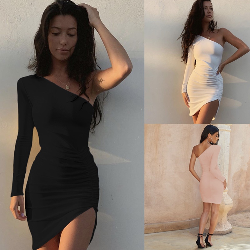 New Fashion Women&apos;s Dresses One-Shoulder Long Sleeve Irregular Drape Dress Sexy Elegant Ladies Dress