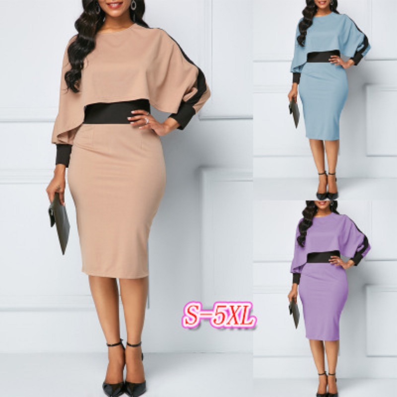 HS New Fashion Women&apos;s Dresses Elegant Sexy Slim Ladies Dress Long Sleeve O-Neck Bag Hip Dress