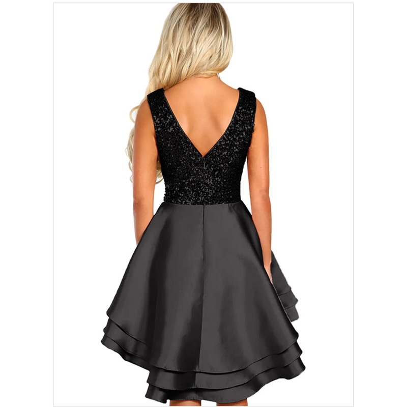 New Fashion Women Dress Elegant Sexy V-neck Sequins Front Short Bcck Long Ladies Dresses