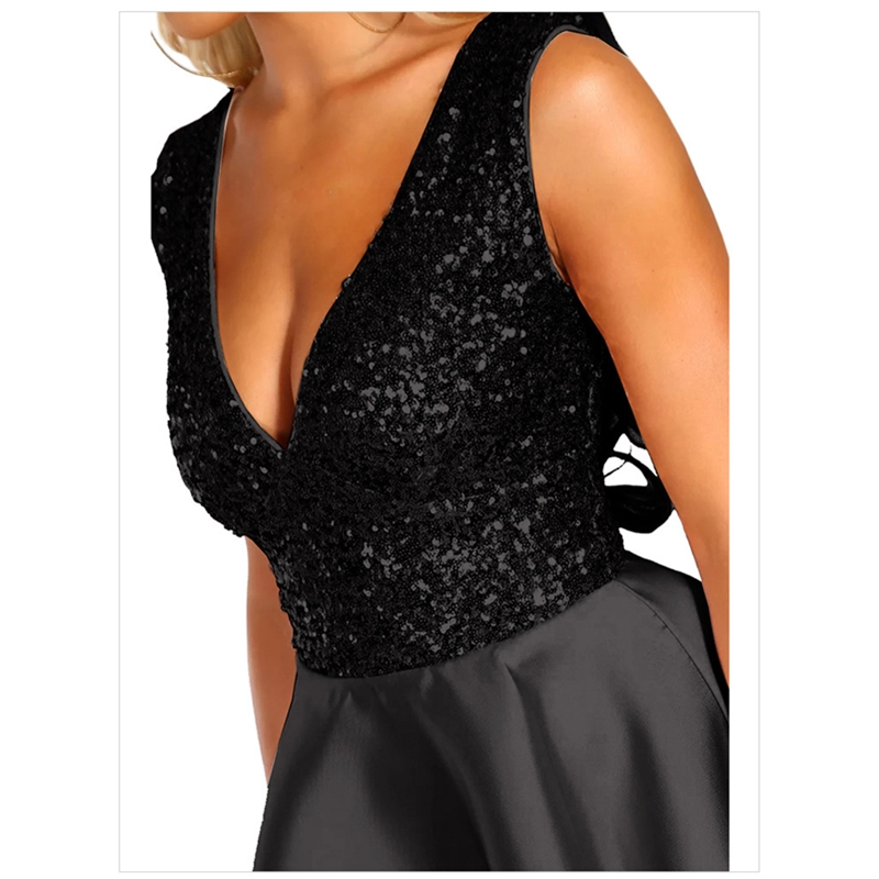 New Fashion Women Dress Elegant Sexy V-neck Sequins Front Short Bcck Long Ladies Dresses