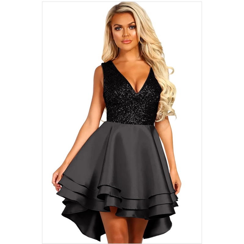 New Fashion Women Dress Elegant Sexy V-neck Sequins Front Short Bcck Long Ladies Dresses