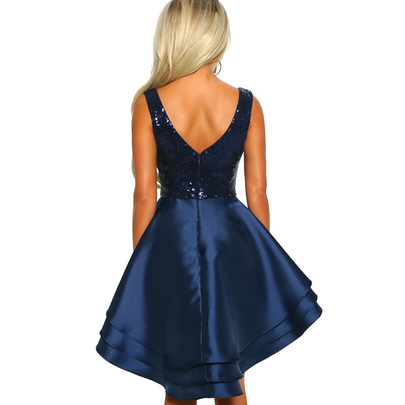New Fashion Women Dress Elegant Sexy V-neck Sequins Front Short Bcck Long Ladies Dresses