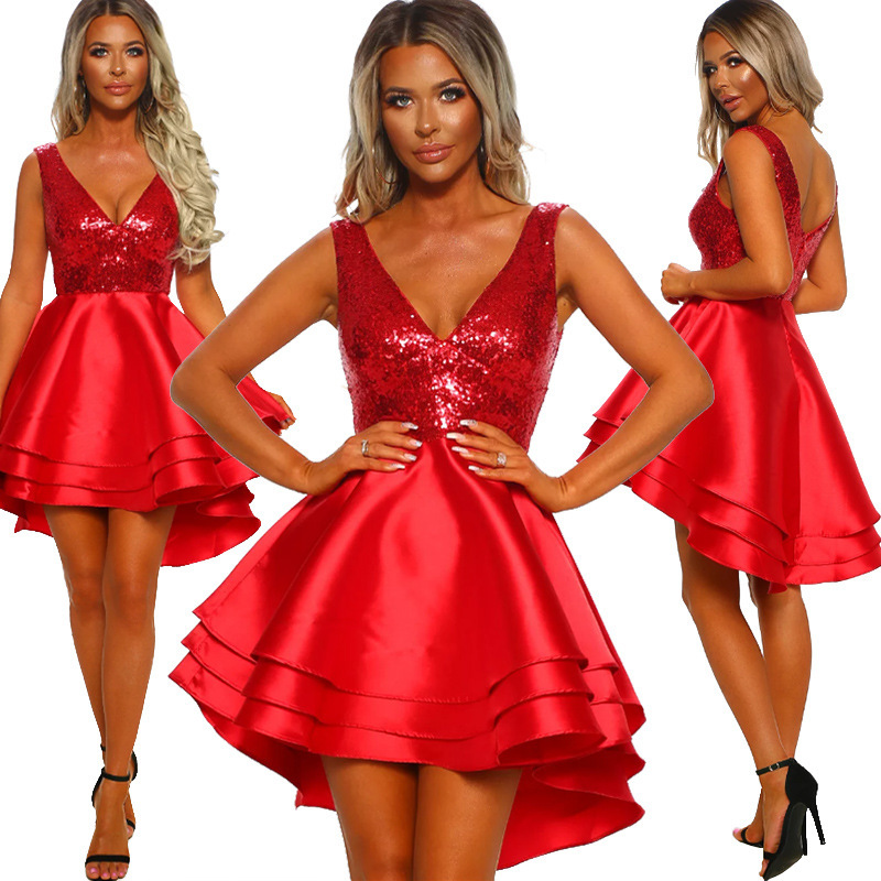New Fashion Women Dress Elegant Sexy V-neck Sequins Front Short Bcck Long Ladies Dresses
