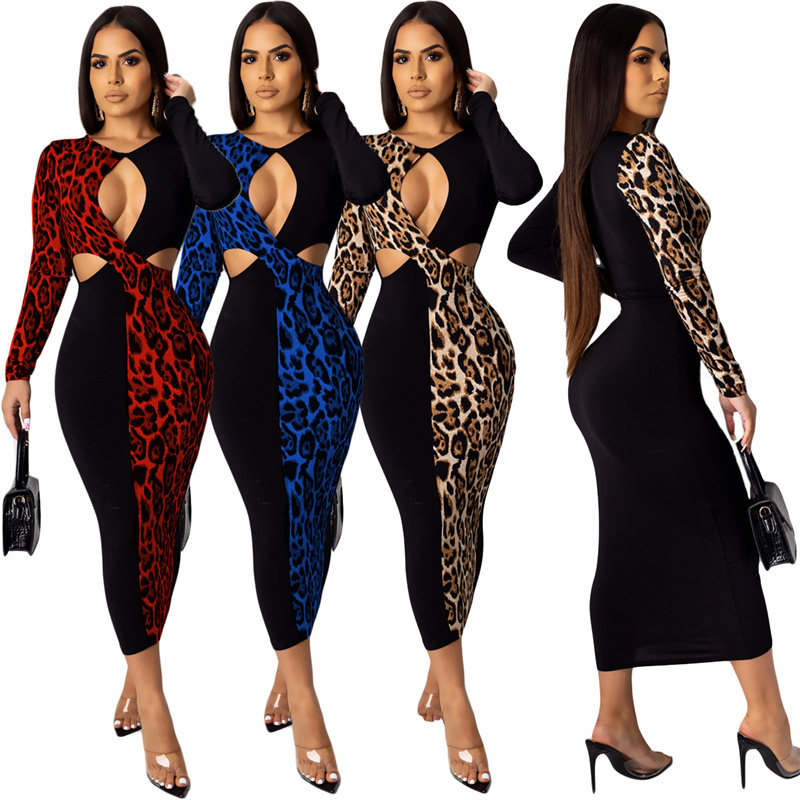 New Fashion Women Dress Sexy Elegant Ladies Leopard print splice Hit color Long sleeve dress