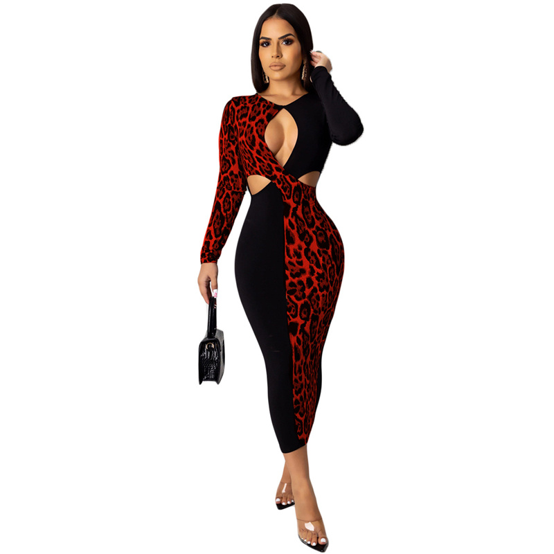 New Fashion Women Dress Sexy Elegant Ladies Leopard print splice Hit color Long sleeve dress
