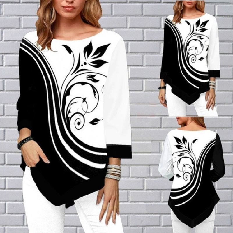 Women&apos;s Fashion Autumn Shirt Irregular Hem Long Sleeve T Shirt Casual O-Neck Ladies Tops Plus Size
