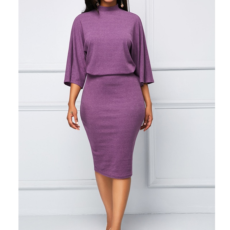 Elegant Women&apos;s Dresses O-Neck Seven Sleeve Bag Hip Dress Loose Show Thin Slim Fashion Dress