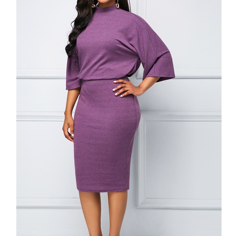 Elegant Women&apos;s Dresses O-Neck Seven Sleeve Bag Hip Dress Loose Show Thin Slim Fashion Dress
