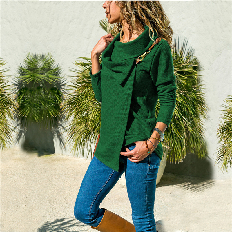 New autumn winter Large lapel Leather metal buckle Women Outer wear Long sleeve T-shirt Ladies Tops