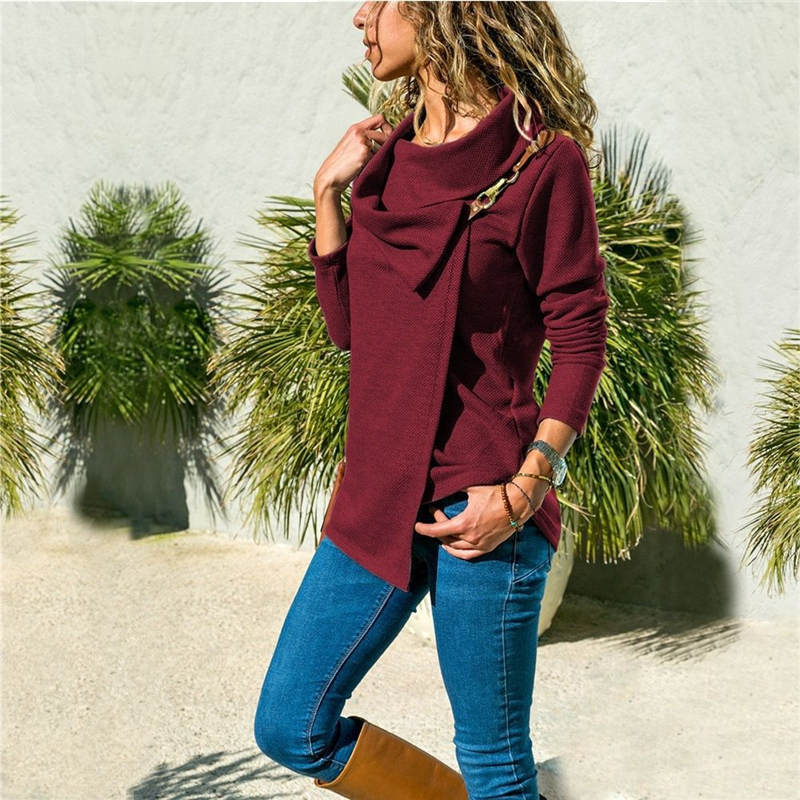 New autumn winter Large lapel Leather metal buckle Women Outer wear Long sleeve T-shirt Ladies Tops
