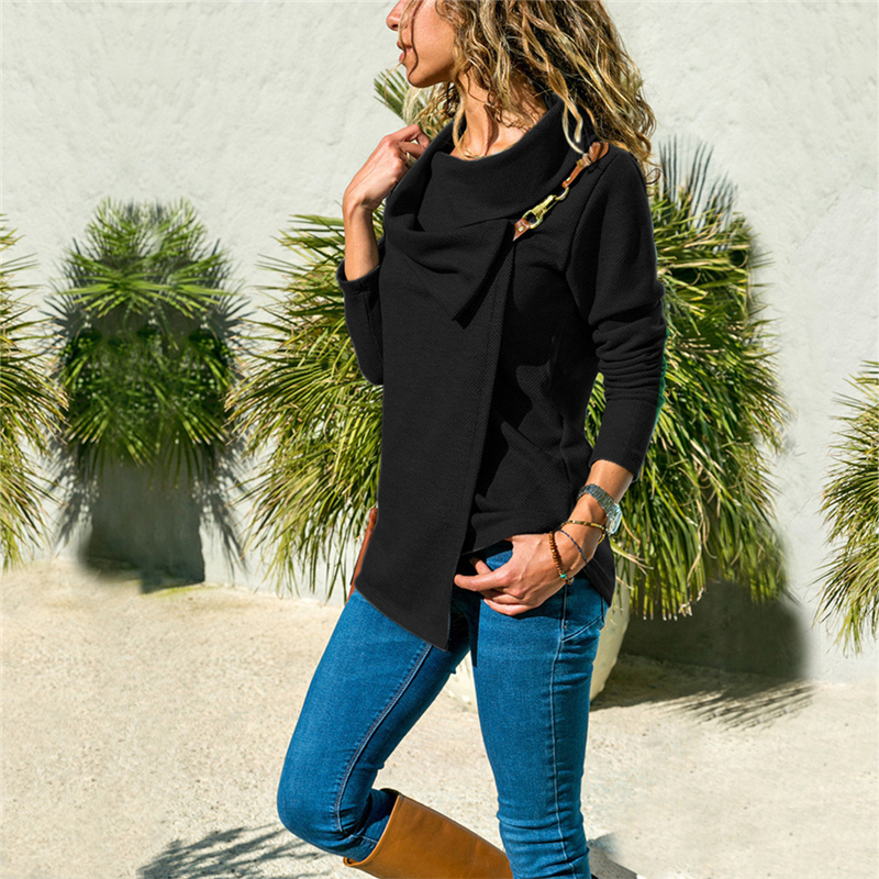 New autumn winter Large lapel Leather metal buckle Women Outer wear Long sleeve T-shirt Ladies Tops