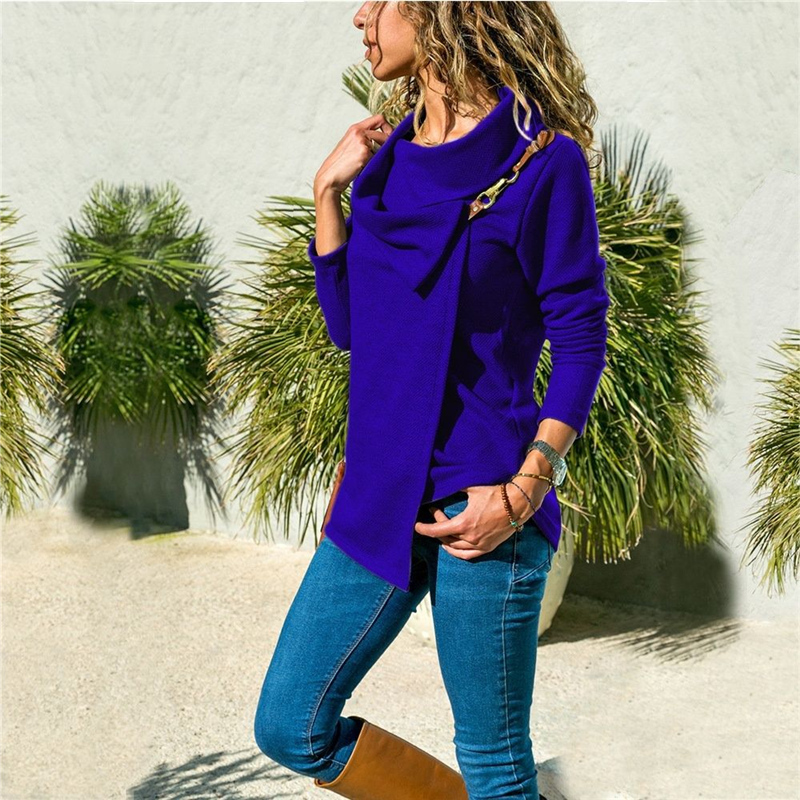 New autumn winter Large lapel Leather metal buckle Women Outer wear Long sleeve T-shirt Ladies Tops